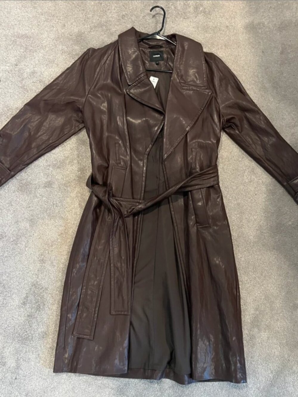 Express Brown Faux Leather Belted Trench Coat, NWT, Size XL